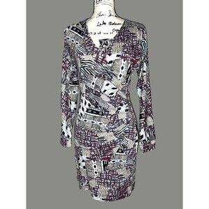 P Luca Milano Abstract Print Bodycon Ruched Mini Dress Size MED Gold Sexy Cruise